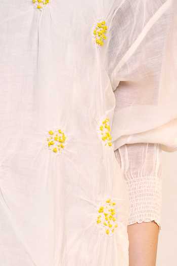 Shop_Ilk_Off White Silk, Chanderi Round Neck Beam Dress _Online_at_Aza_Fashions
