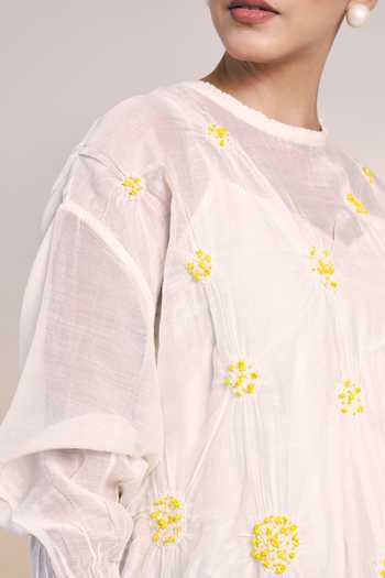 Ilk_Off White Silk, Chanderi Round Neck Beam Dress _at_Aza_Fashions