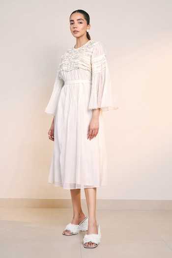 Ilk_Off White Silk, Chanderi Round Neck Fold Dress _Online_at_Aza_Fashions