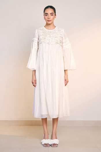 Buy_Ilk_Off White Silk, Chanderi Round Neck Fold Dress _Online_at_Aza_Fashions