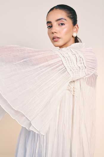 Shop_Ilk_Off White Silk, Chanderi Round Neck Fold Dress _Online_at_Aza_Fashions
