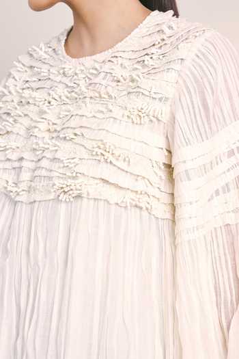 Ilk_Off White Silk, Chanderi Round Neck Fold Dress _at_Aza_Fashions