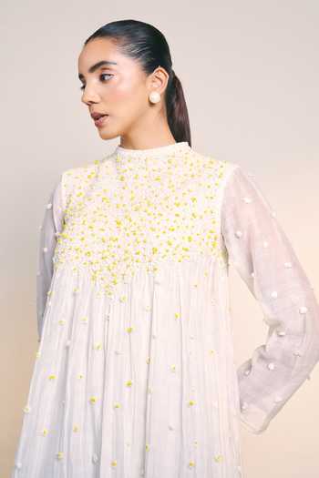 Ilk_Off White Silk, Chanderi High Neck Flicker Dress _Online_at_Aza_Fashions