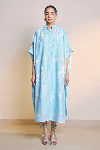 Ilk_Blue Silk, Cotton Mandarin Collar Ice Mistfall Kaftan Dress _Online_at_Aza_Fashions