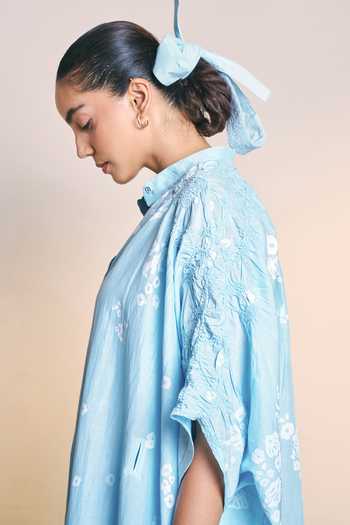Buy_Ilk_Blue Silk, Cotton Mandarin Collar Ice Mistfall Kaftan Dress _Online_at_Aza_Fashions