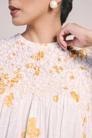 Ilk_Off White Viscose Round Neck Flora Dress _Online_at_Aza_Fashions