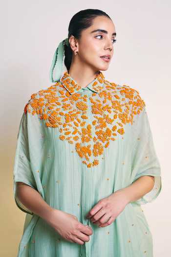 Ilk_Green Silk, Chanderi Collared Sea Crown Dress _Online_at_Aza_Fashions