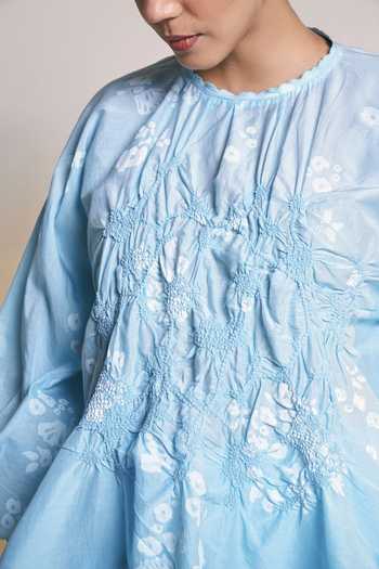 Ilk Blue Silk, Cotton Round Neck Ice Elise Top Online at Aza Fashions Ilk_Blue Silk, Cotton Round Neck Ice Elise Top _Online_at_Aza_Fashions
