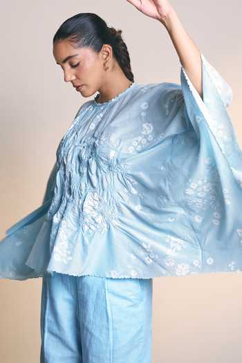 Shop Ilk Blue Silk, Cotton Round Neck Ice Elise Top Online at Aza Fashions Shop_Ilk_Blue Silk, Cotton Round Neck Ice Elise Top _Online_at_Aza_Fashions