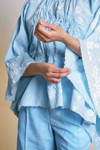 Ilk Blue Silk, Cotton Round Neck Ice Elise Top at Aza Fashions Ilk_Blue Silk, Cotton Round Neck Ice Elise Top _at_Aza_Fashions