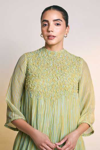 Ilk_Yellow Silk, Chanderi Mandarin Collar Striped Sianne Dress _Online_at_Aza_Fashions
