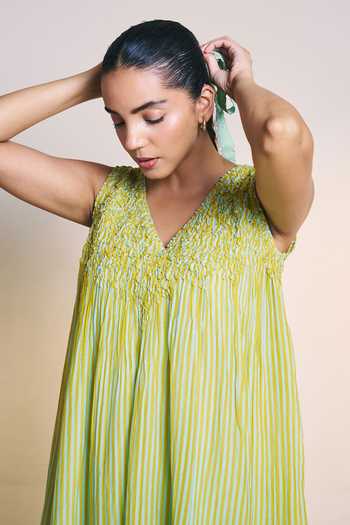 Ilk_Yellow Silk, Chanderi V-neck Striped Lume Dress _Online_at_Aza_Fashions
