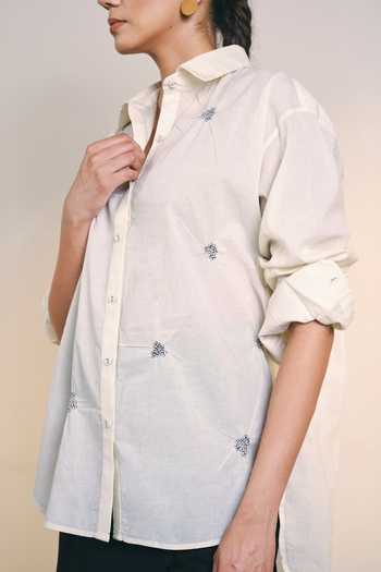 Buy_Ilk_Off White Cotton Collared Stipple Shirt _Online_at_Aza_Fashions