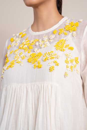 Ilk_Off White Silk, Chanderi Round Neck Orchard Dress _Online_at_Aza_Fashions