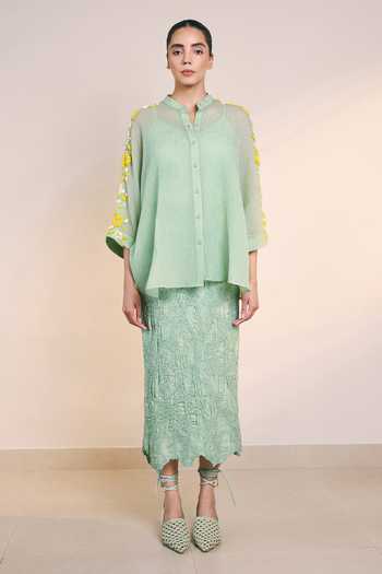 Ilk_Green Silk, Muslin Mandarin Collar Sea Leafline Shirt _Online_at_Aza_Fashions