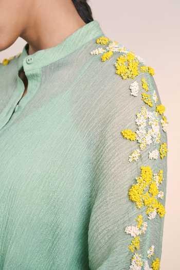 Buy_Ilk_Green Silk, Muslin Mandarin Collar Sea Leafline Shirt _Online_at_Aza_Fashions