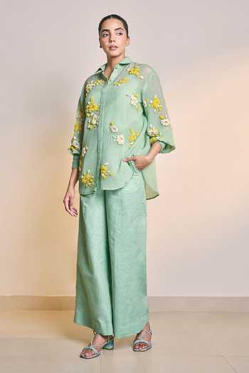Ilk_Green Cotton, Linen Collared Sea Prairie Shirt _Online_at_Aza_Fashions