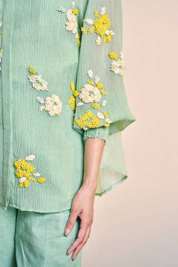 Buy_Ilk_Green Cotton, Linen Collared Sea Prairie Shirt _Online_at_Aza_Fashions