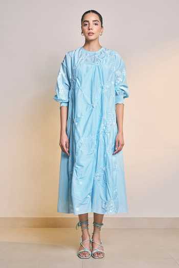 Ilk_Blue Silk, Cotton Round Neck Ice Column Dress _Online_at_Aza_Fashions