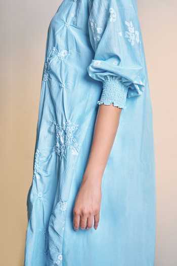 Buy_Ilk_Blue Silk, Cotton Round Neck Ice Column Dress _Online_at_Aza_Fashions