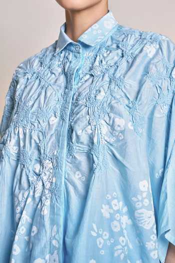 Ilk Blue Silk, Cotton Mandarin Collar Ice Radius Top Online at Aza Fashions Ilk_Blue Silk, Cotton Mandarin Collar Ice Radius Top _Online_at_Aza_Fashions
