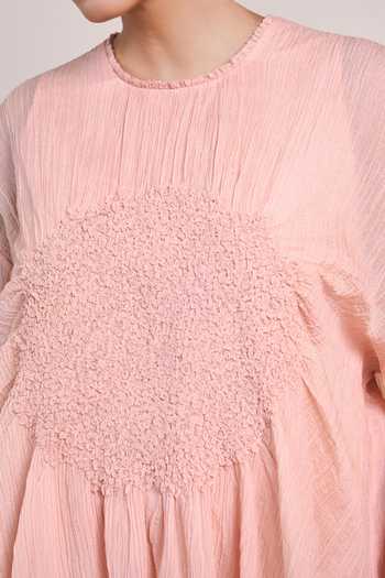 Ilk_Pink Silk, Muslin Round Neck Blush Bonnie Dress _Online_at_Aza_Fashions