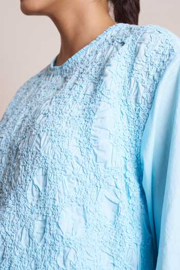 Ilk_Blue Cambric Round Neck Ice Frame Dress _Online_at_Aza_Fashions