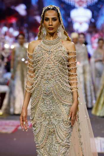 Buy_Itrh_Beige Net Stones, Mirrors Halter Neck Sheeshmahal Jadau Gown _Online_at_Aza_Fashions