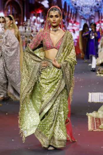 Buy_Itrh_Green Tissue, Silk V-neck Gulnaar Saree Set _Online_at_Aza_Fashions