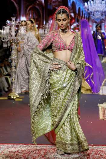 Shop_Itrh_Green Tissue, Silk V-neck Gulnaar Saree Set _Online_at_Aza_Fashions