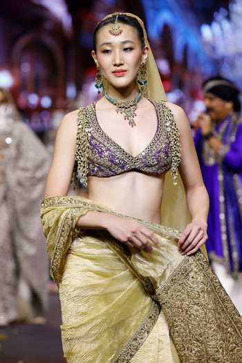 Shop_Itrh_Yellow Tissue, Silk V-neck Pehrang Saree With Blouse _Online_at_Aza_Fashions