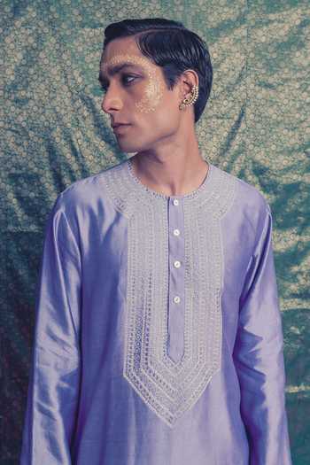 Shop_Label Earthen_Purple Chanderi Silk Neel Roop Embroidered Kurta Set _Online_at_Aza_Fashions