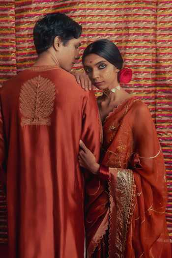 Buy_Label Earthen_Orange Chanderi Silk Swaroop Thread Work Kurta Set _Online_at_Aza_Fashions