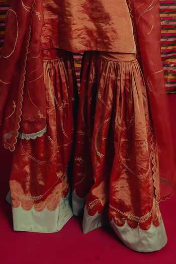 Label Earthen_Red Tissue V-neck Noor Zari Embroidered Kurta Sharara Set _Online_at_Aza_Fashions