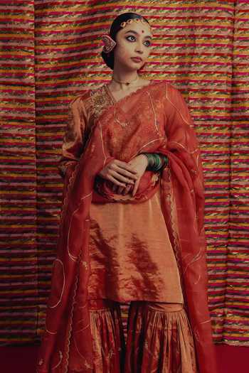 Buy_Label Earthen_Red Tissue V-neck Noor Zari Embroidered Kurta Sharara Set _Online_at_Aza_Fashions
