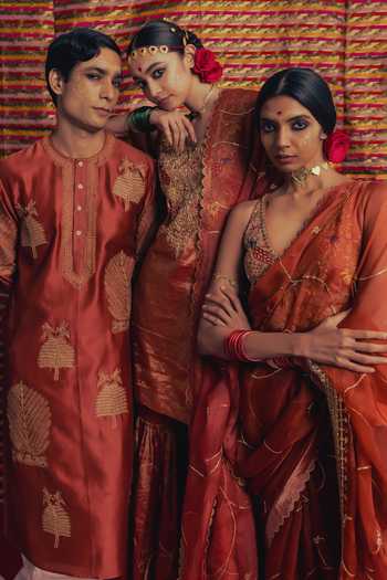 Shop_Label Earthen_Red Tissue V-neck Noor Zari Embroidered Kurta Sharara Set _Online_at_Aza_Fashions