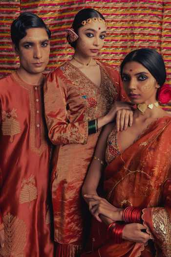 Label Earthen_Red Tissue V-neck Noor Zari Embroidered Kurta Sharara Set _at_Aza_Fashions