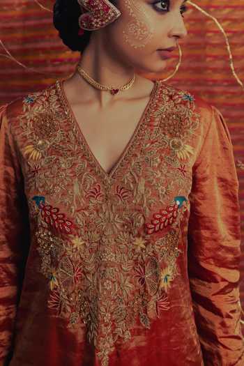 Shop_Label Earthen_Red Tissue V-neck Noor Zari Embroidered Kurta Sharara Set 
