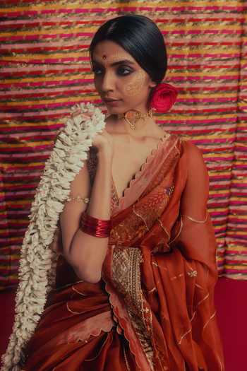 Label Earthen_Rust Organza, Tissue Roop Shringar Saree And Blouse Set _Online_at_Aza_Fashions