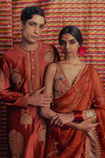Shop_Label Earthen_Rust Organza, Tissue Roop Shringar Saree And Blouse Set _Online_at_Aza_Fashions