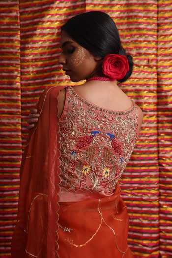 Label Earthen_Rust Organza, Tissue Roop Shringar Saree And Blouse Set _at_Aza_Fashions