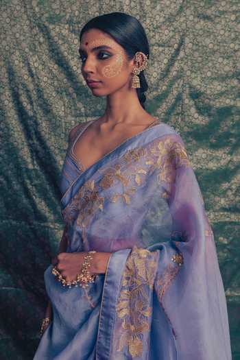 Buy_Label Earthen_Lavender Organza, Chanderi V-neck Lavanya Embroidered Saree With Blouse _Online_at_Aza_Fashions