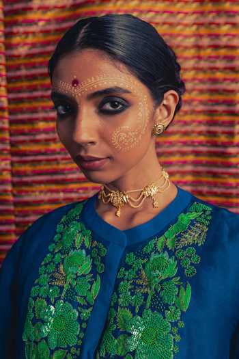 Buy_Label Earthen_Blue Organza Round Neck, Yes Gul Fiza Embroidered Kurta And Pant Set _Online_at_Aza_Fashions