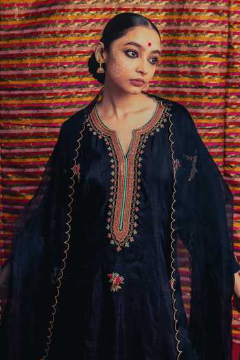 Buy_Label Earthen_Black Silk, Organza V-neck, Yes Raina Embroidered Kurta Set _Online_at_Aza_Fashions