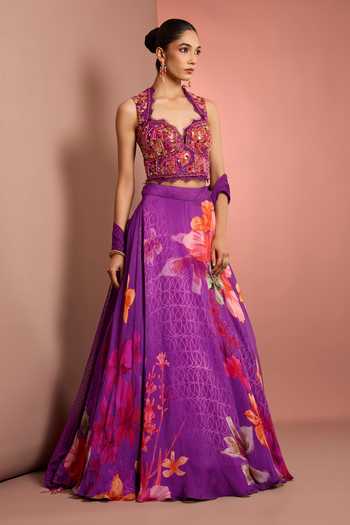 Buy Neha Khullar Purple Organza, Crepe, Viscose Sweetheart Neck Floral Bloom Print Lehenga Set Online at Aza Fashions Buy_Neha Khullar_Purple Organza, Crepe, Viscose Sweetheart Neck Floral Bloom Print Lehenga Set _Online_at_Aza_Fashions