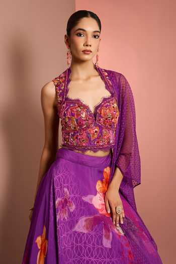 Shop Neha Khullar Purple Organza, Crepe, Viscose Sweetheart Neck Floral Bloom Print Lehenga Set Online at Aza Fashions Shop_Neha Khullar_Purple Organza, Crepe, Viscose Sweetheart Neck Floral Bloom Print Lehenga Set _Online_at_Aza_Fashions