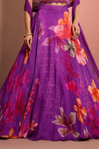 Neha Khullar Purple Organza, Crepe, Viscose Sweetheart Neck Floral Bloom Print Lehenga Set at Aza Fashions Neha Khullar_Purple Organza, Crepe, Viscose Sweetheart Neck Floral Bloom Print Lehenga Set _at_Aza_Fashions