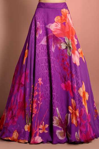 Buy Neha Khullar Purple Organza, Crepe, Viscose Sweetheart Neck Floral Bloom Print Lehenga Set Buy_Neha Khullar_Purple Organza, Crepe, Viscose Sweetheart Neck Floral Bloom Print Lehenga Set