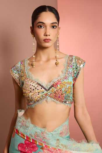 Buy_Neha Khullar_Aqua Crepe, Chiffon, Viscose Sweetheart Neck Hand Embroidered Saree With Blouse _Online_at_Aza_Fashions
