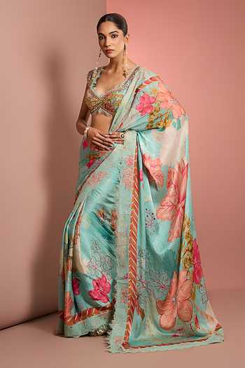 Shop_Neha Khullar_Aqua Crepe, Chiffon, Viscose Sweetheart Neck Hand Embroidered Saree With Blouse _Online_at_Aza_Fashions